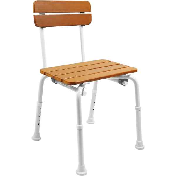 Duschstol i trädesign. a chair with a white frame