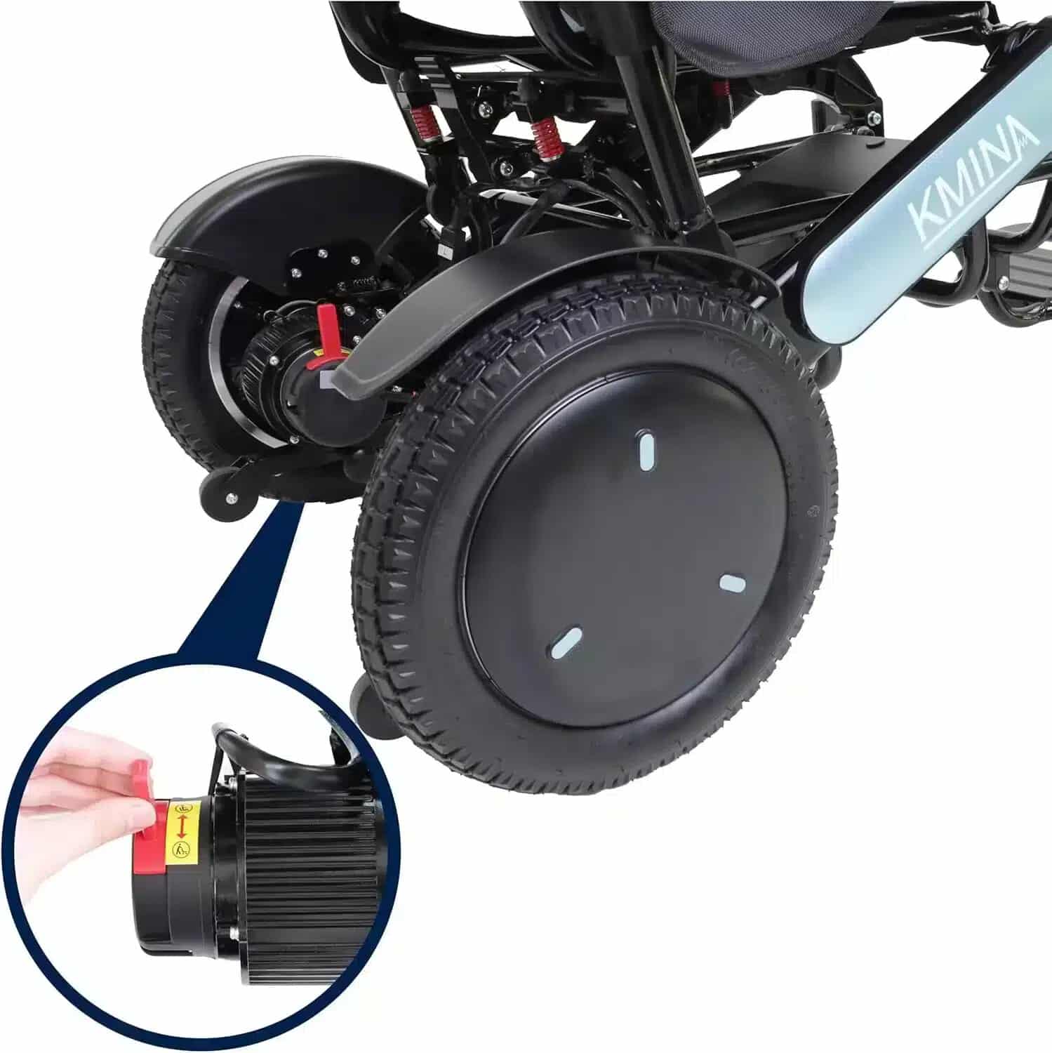 Blå elektrisk rullstol hjul och bromssystem