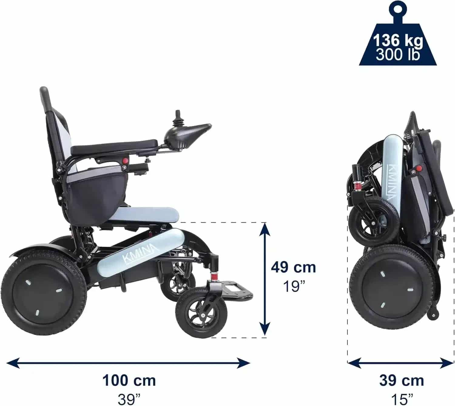 Blå elektrisk rullstol mått och dimensioner