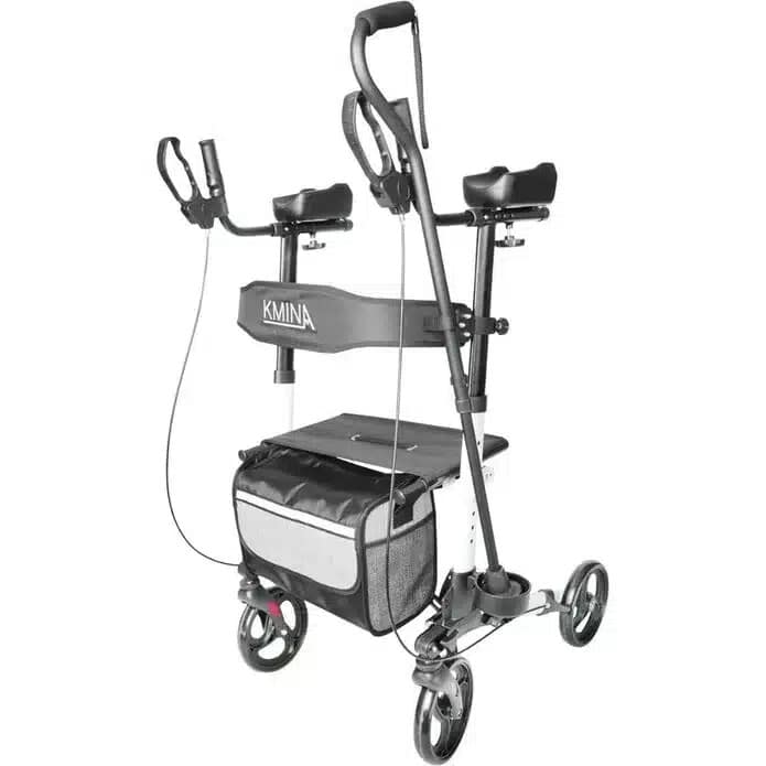 Rullator med armstöd Rollator med armstöd svart sned vy med sittplats korg och bromsar VI HP