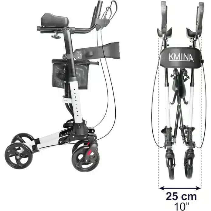 Rullator med armstöd och sittplats, visad i stående och ihopfällt läge med mått 25 cm.