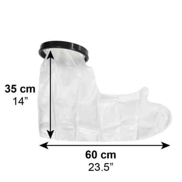 vattentätt skydd för gipsad arm visar en transparent silikonhylsa med stabil ring, designad för att täcka hela armen ved dusch.