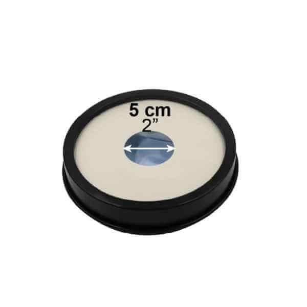 Skydd för gipsat ben kort med 5 cm diameter och svart kant, visar måttet tydligt.
