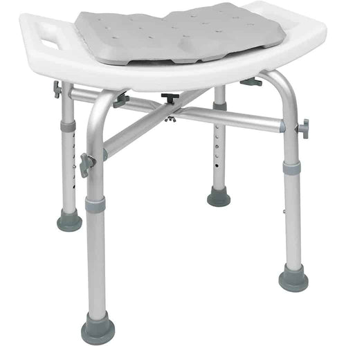 Duschpall med dyna vit med aluminiumram och dräneringsöppningar, designad för stabil sittlösning i badrum.