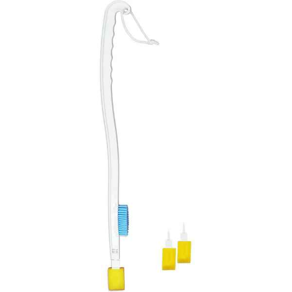 Fotborste med Långt Handtag a toothbrush with a blue bristles and yellow square objects