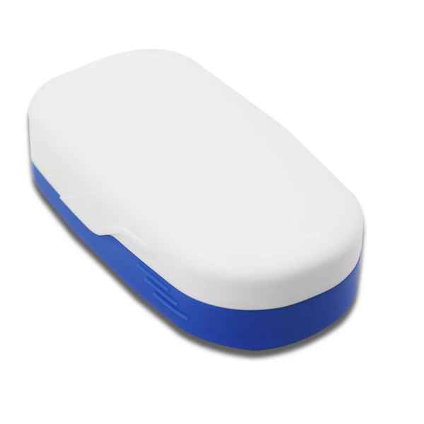 tablettdelare för läkemedel visad ovanifrån, i vit och blå design, kompakt och lättanvänd.
