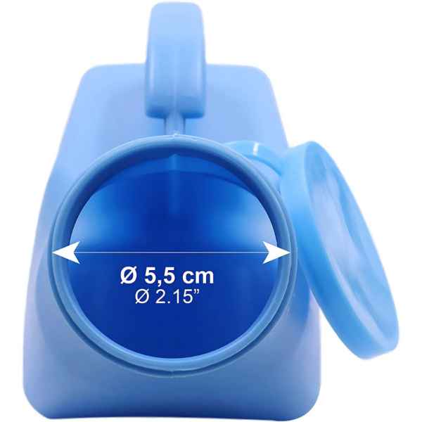 Urinbehållare med lock a blue container with a measuring tape