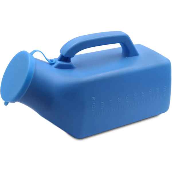 Urinbehållare med lock. a blue plastic urinal with a handle