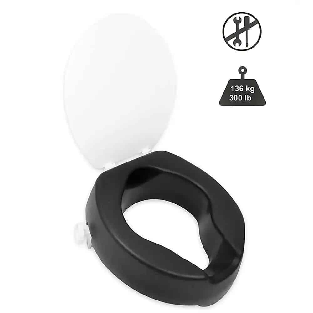 Mjuk Toalettförhöjare 10 cm måttillustration med längd, bredd och kompatibilitet