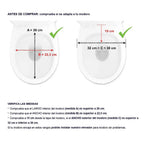 Mjuk Toalettförhöjare 10 cm måttillustration med längd, bredd och kompatibilitet