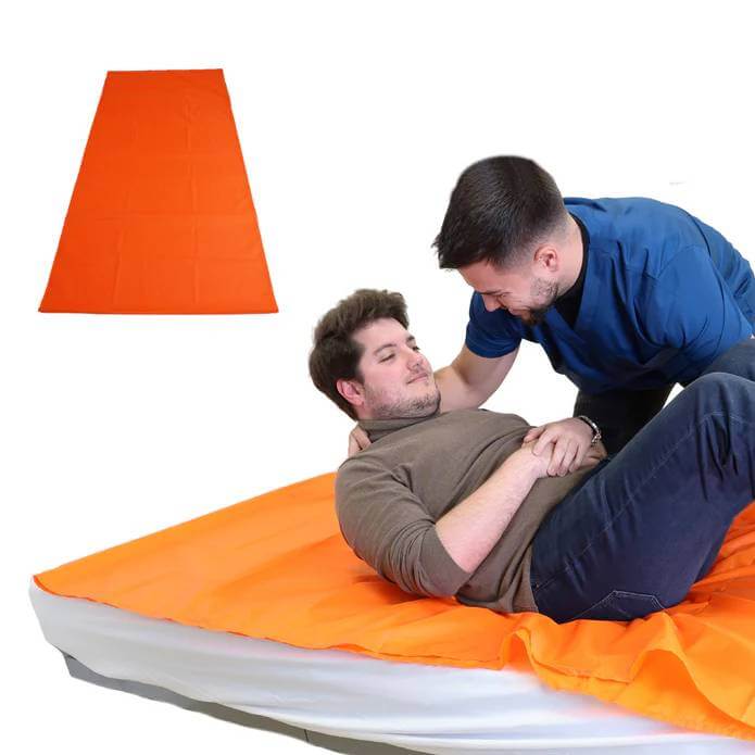 glidlakan tubformat 200x100 cm, tubformat glidlakan i orange används vid förflyttning mellan sängar med en person som får hjälp.
