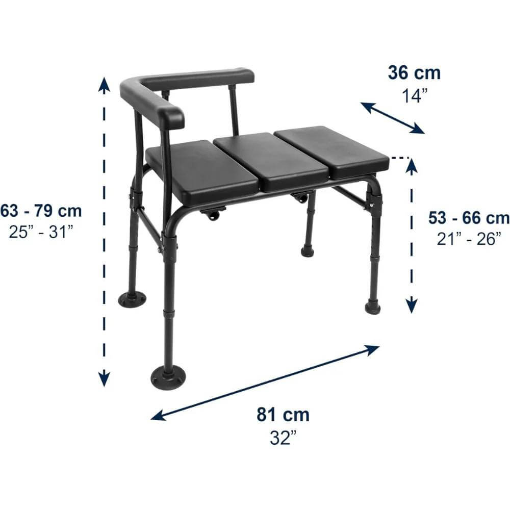 Badkarstol med armstöd – sittande förflyttning med vadderad sits och justerbar höjd, 81 cm bred, 36 cm djup.