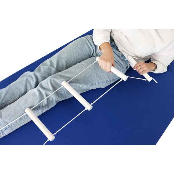 Sängband. a person using a rope ladder