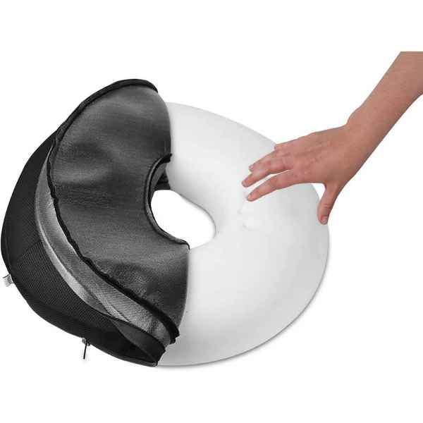 Sittdyna rund med hål Tryckavlastande sittdyna med hål i svart 3D-textil