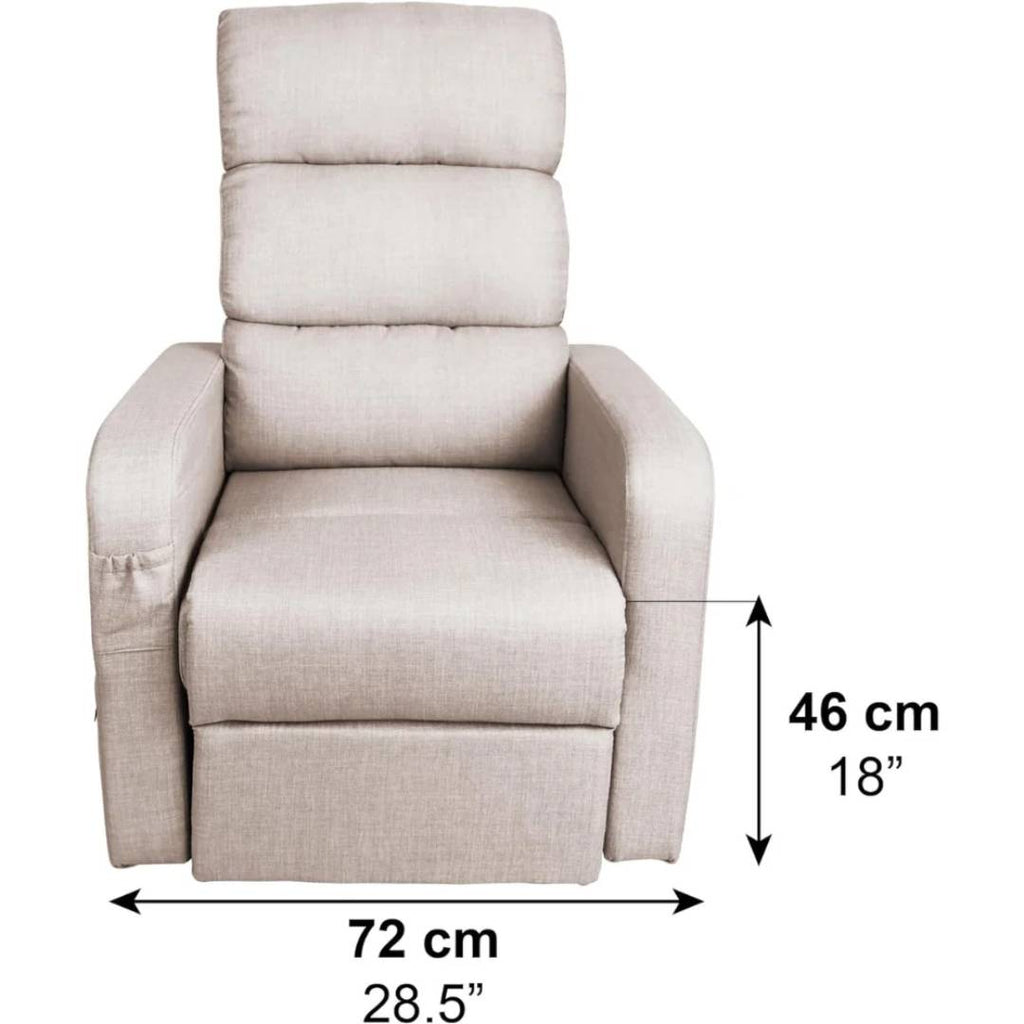 Recliner lyftfåtölj med uppresningsfunktion, justerbart ryggstöd och fotstöd, mått 72 cm bred och 46 cm hög.