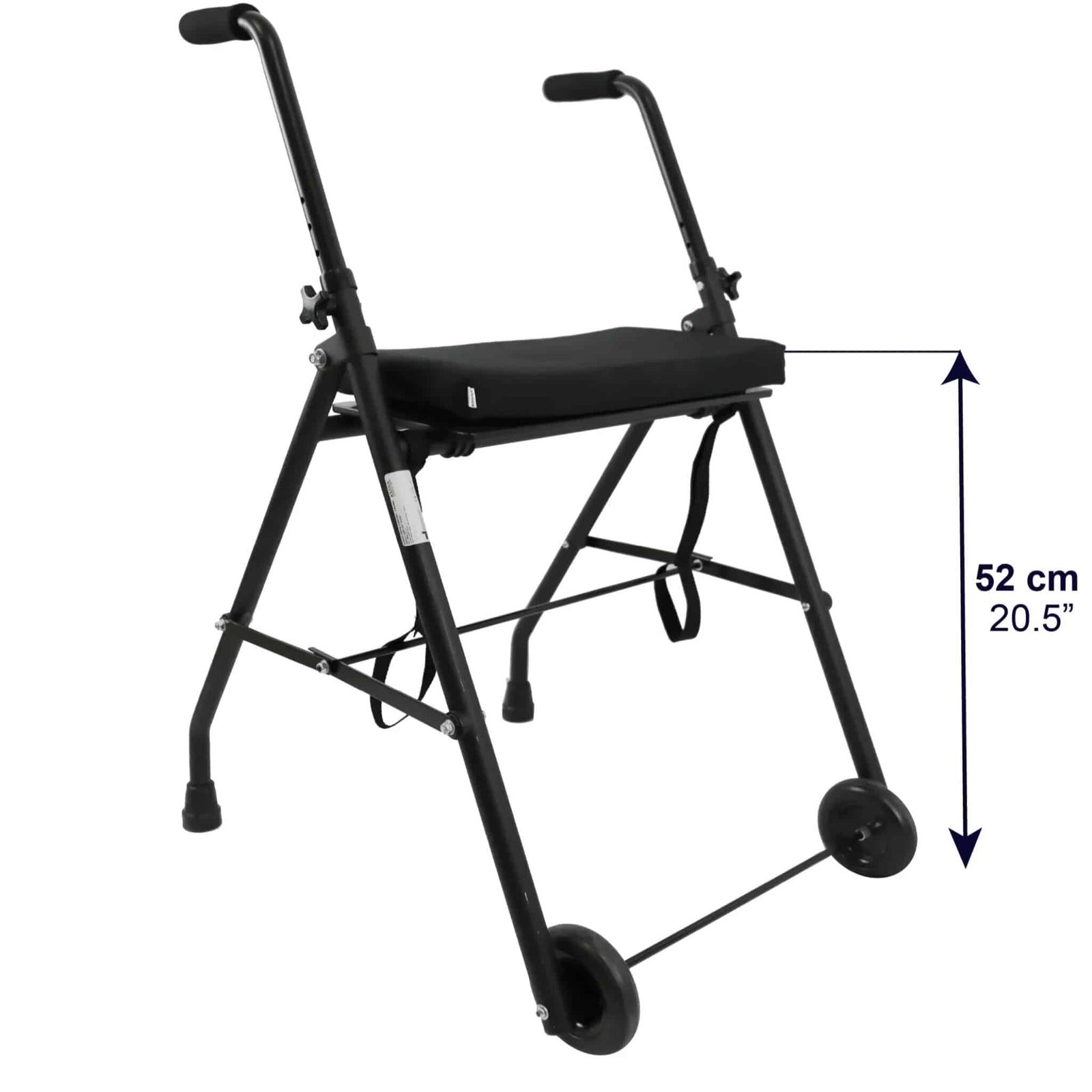 Rullator med 2 hjul Rullator med två hjul i svart aluminium med sits på 52 cm höjd, markerad med måttangivelse.