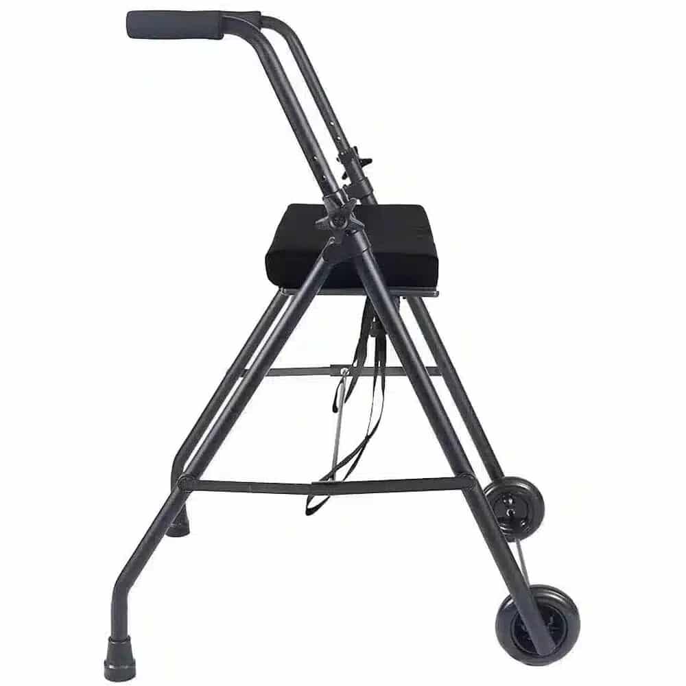 Rullator med 2 hjul i svart färg, vadderat sits och höj- och sänkbara handtag.
