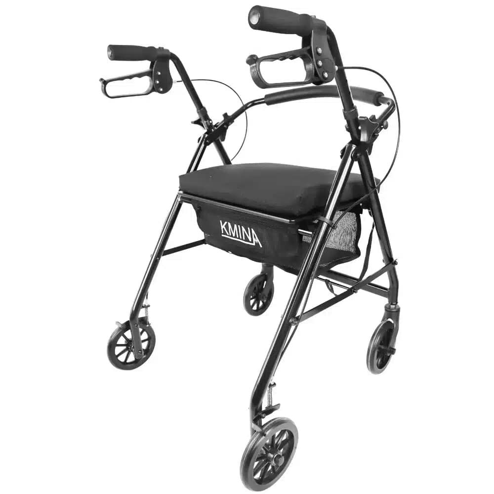 Rullator lätt Rullator med fyra hjul i svart aluminium med sits, korg och ergonomiska handtag.