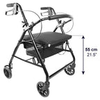 Rullator lätt Rullator med fyra hjul lätt i svart aluminium med sits på 55 cm höjd, markerad med måttangivelse.