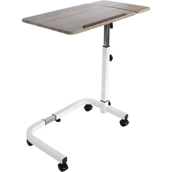 Multifunktionellt bord på hjul med justerbar höjd och bredd, två bordsskivor och låsbara hjul.