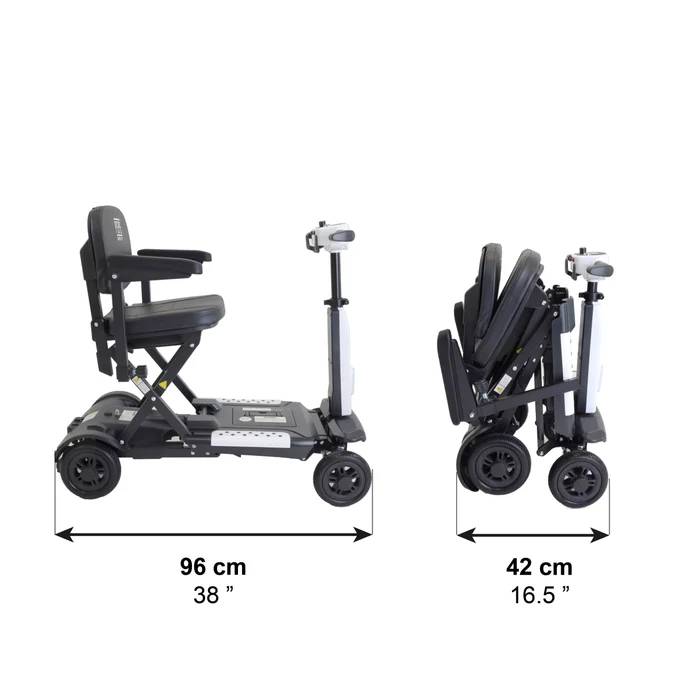 Promenadskoter vikbar med armstöd med mått i utfällt och hopfällt läge