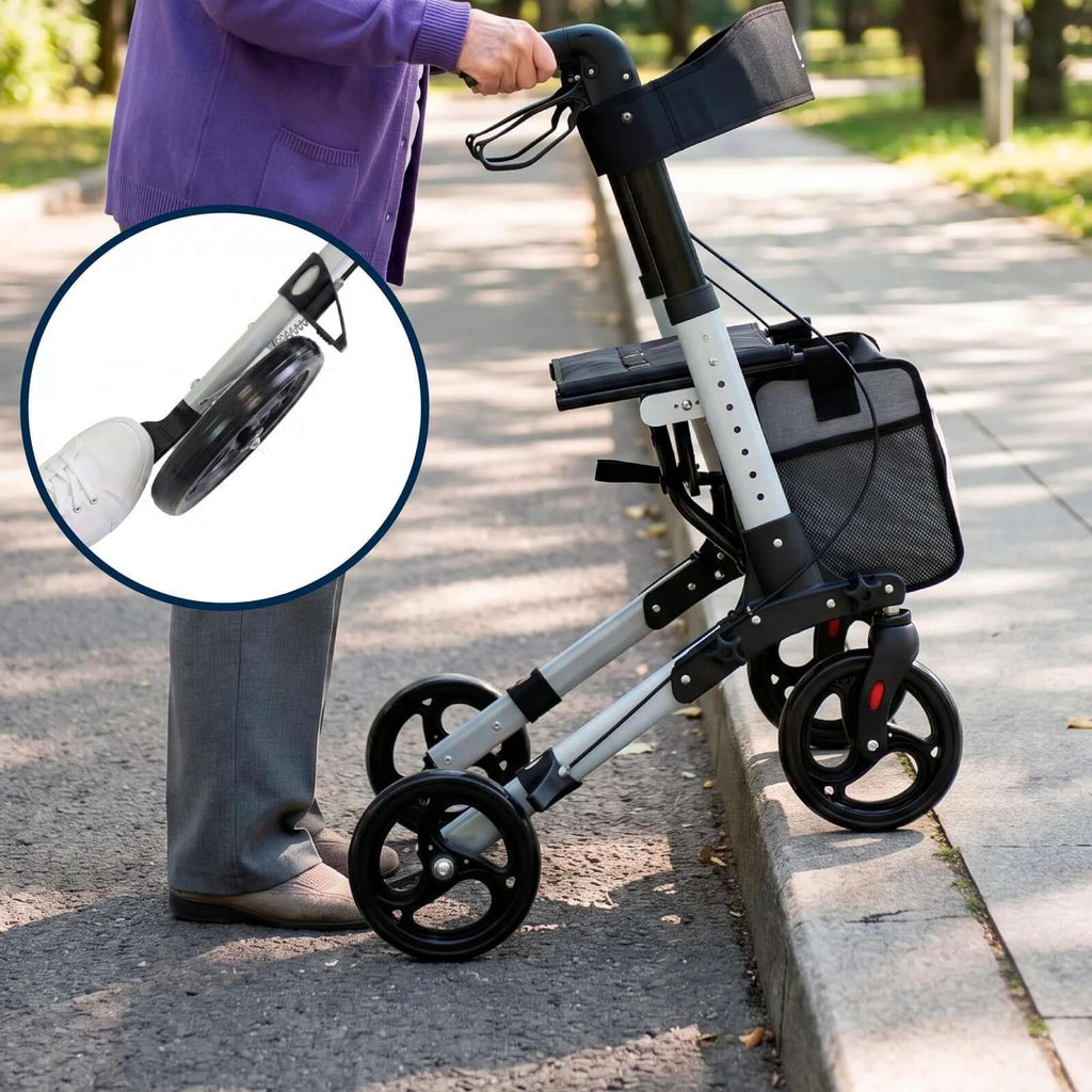 Smal rullator med sits och väska som visas vid en trottoarkant med avtagbar käpphållare.