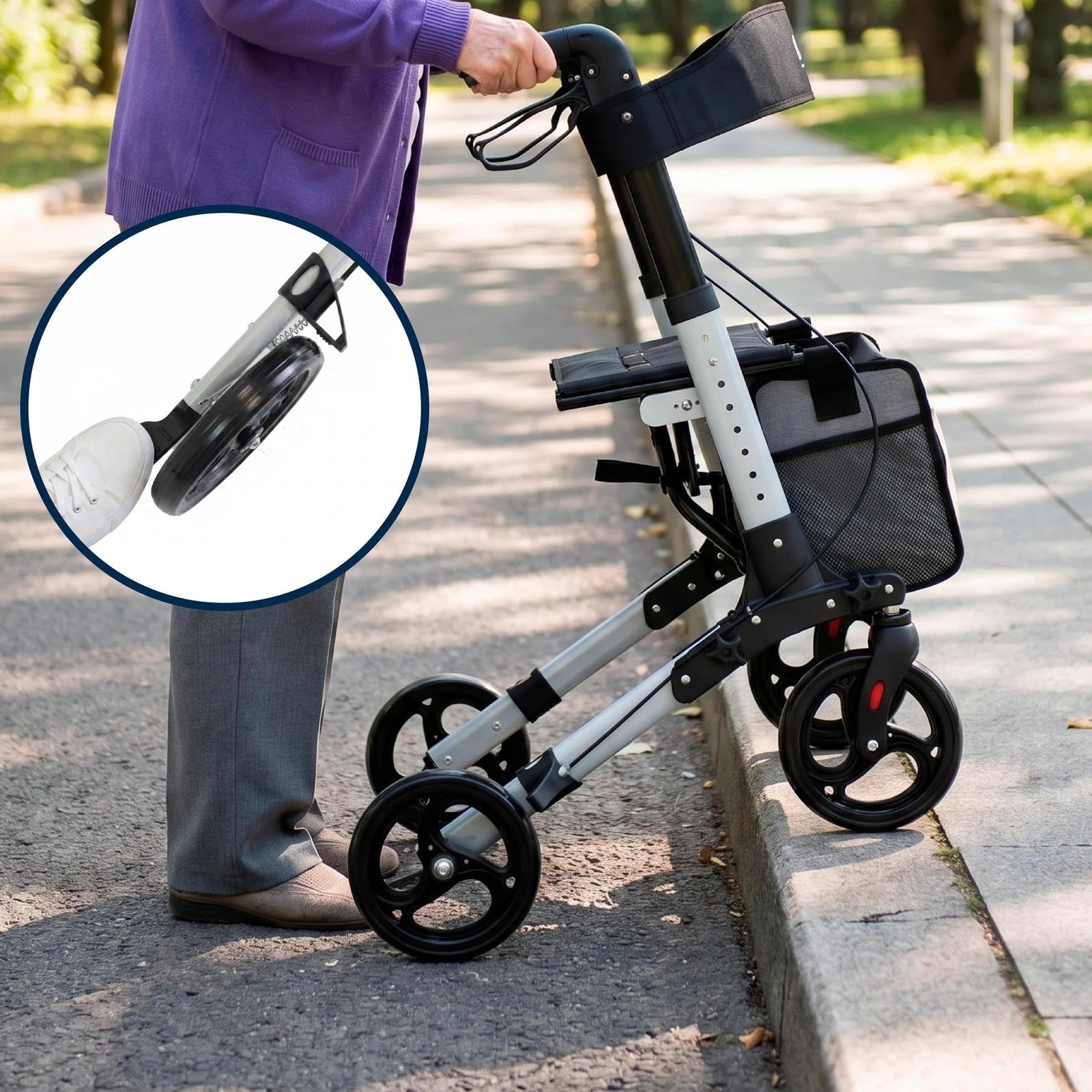 Rullator Advance med sits och ryggstöd för vila under promenad