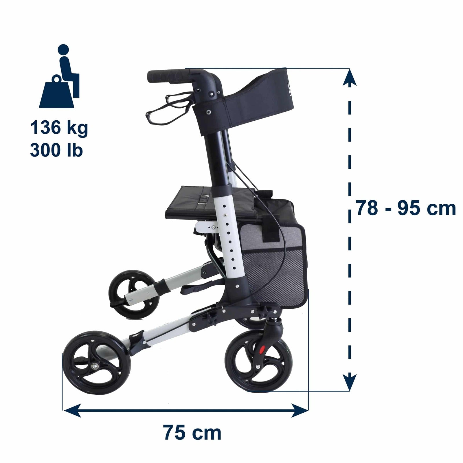 Rullator Advance med höjdjustering 78–95 cm, längd 75 cm och max användarvikt 136 kg