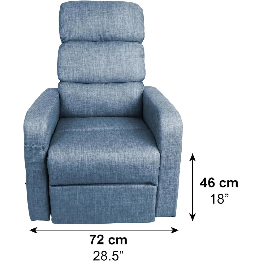 Elektrisk relaxfåtölj blå med mått 72 cm bredd och 46 cm sitthöjd