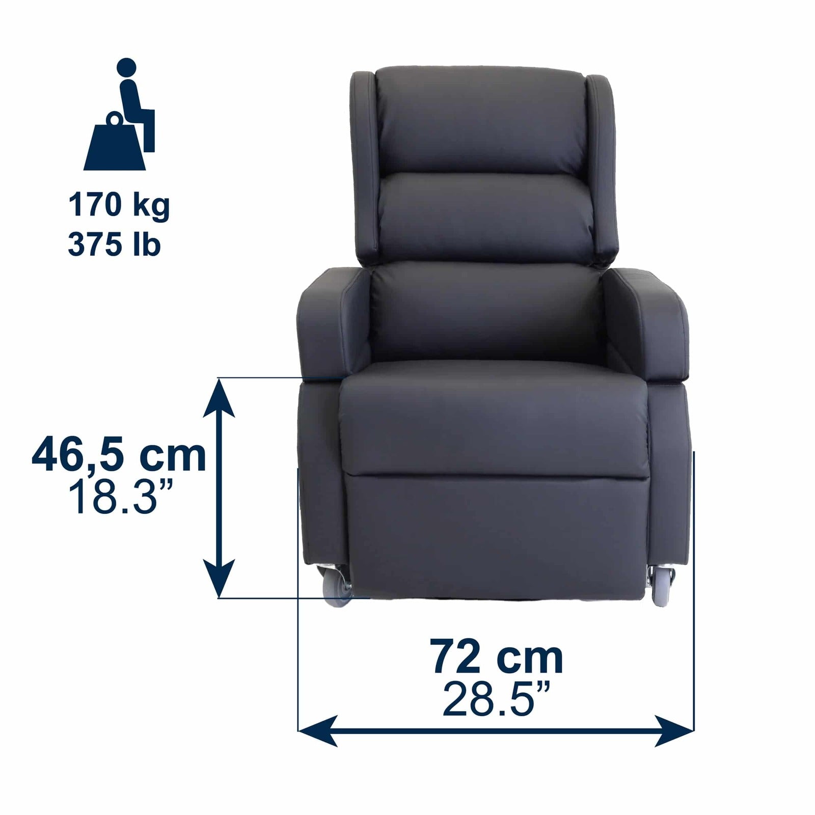 Elektrisk relaxfåtölj med uppresning och hjul med sittbredd 53 cm, sitthöjd 46,5 cm och max användarvikt 170 kg
