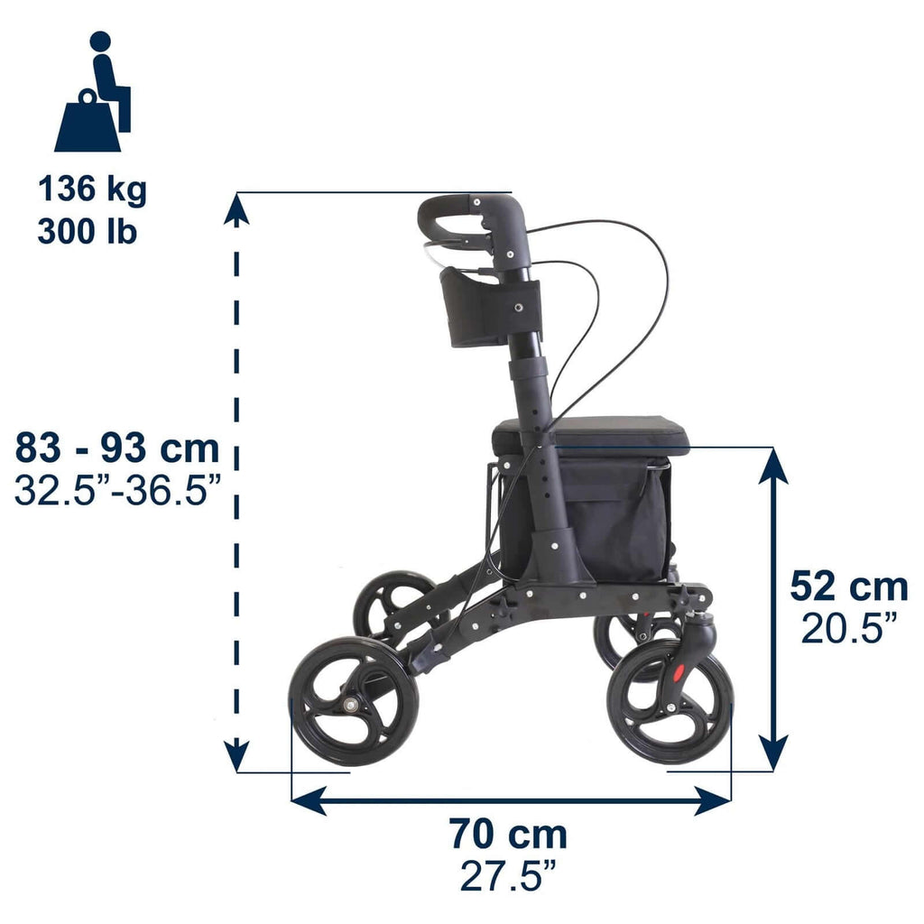 Rullator med shoppingväska med specifikationer och mått för hållbar gånghjälpmedel.