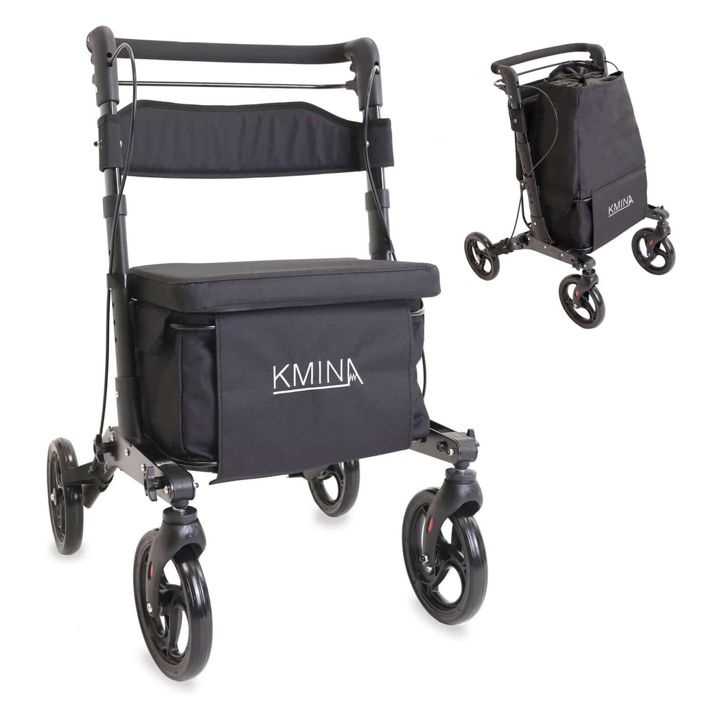 Rullator med shoppingväska med fyra hjul, sits, ryggstöd och integrerad väska för förvaring och inköp.