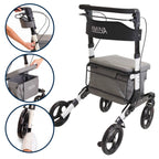 Rullator med shoppingväska och sits Vit rullator med shoppingväska och detaljer