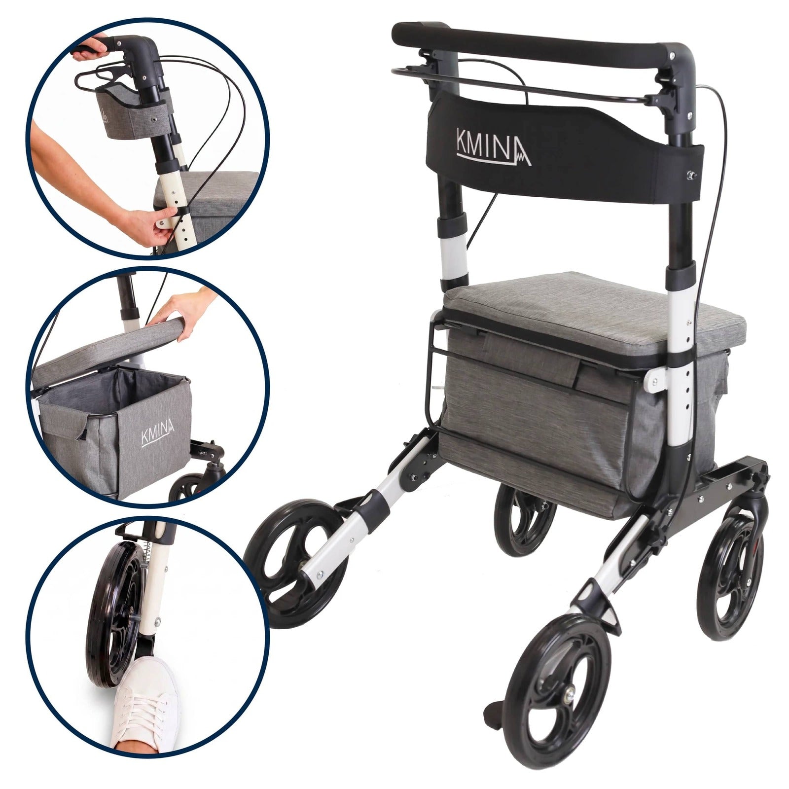 Rullator med shoppingväska och sits Vit rullator med shoppingväska och detaljer
