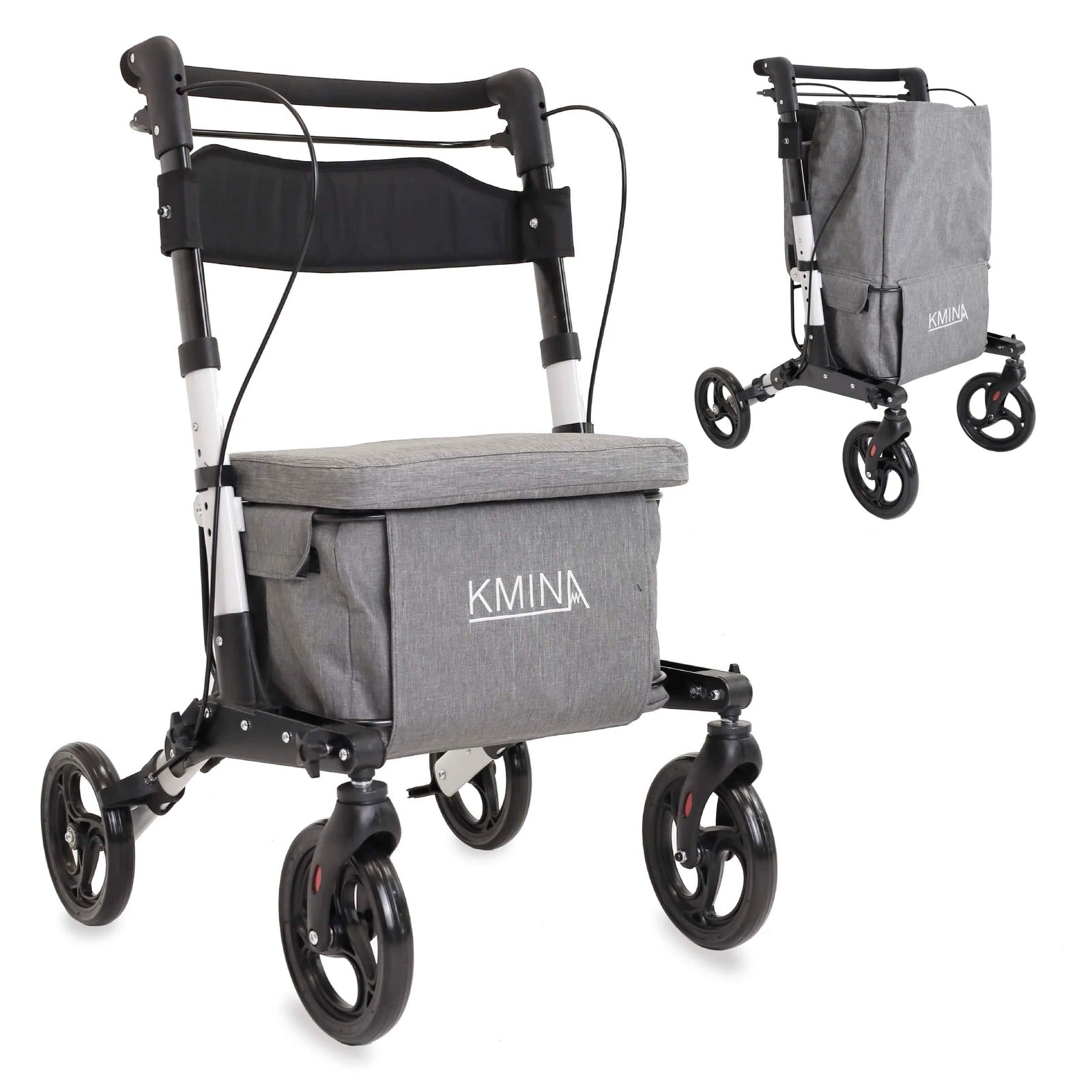 Rullator med shoppingväska och sits vit framifrån