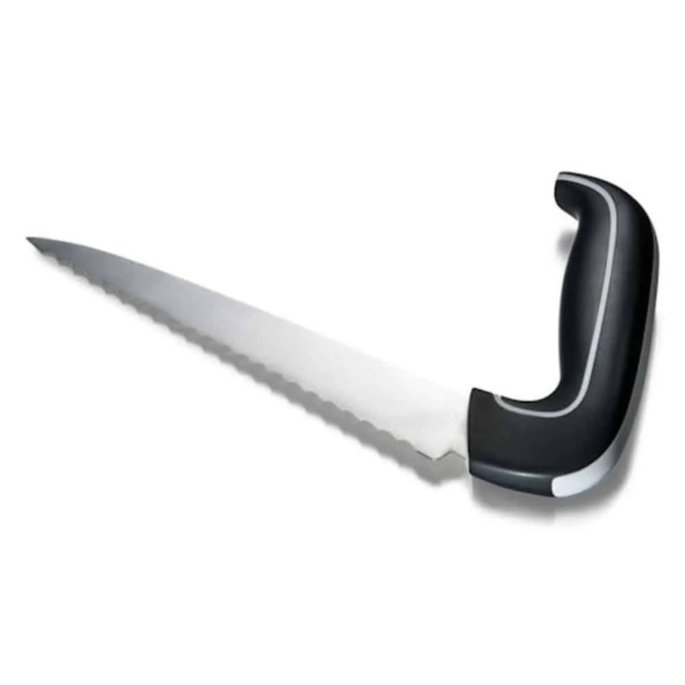 Brödkniv Ergonomisk brödkniv med svart greppvänligt handtag och tandat blad.