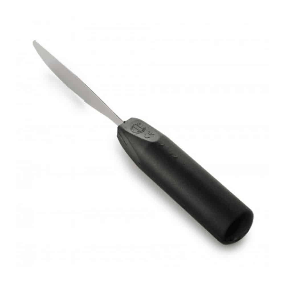 ergonomisk rostfri kniv i svart, med greppvänligt handtag och slät blad.