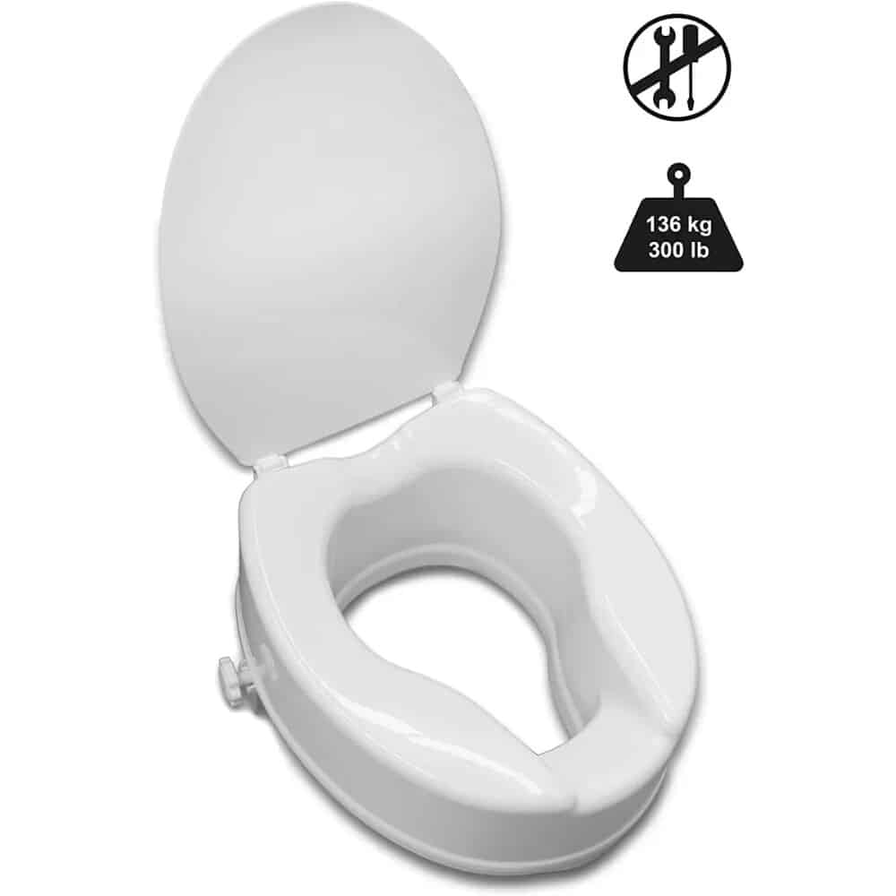 Toalettförhöjare med Lock 10 cm – vit modell med sidofästen och maxvikt 136 kg