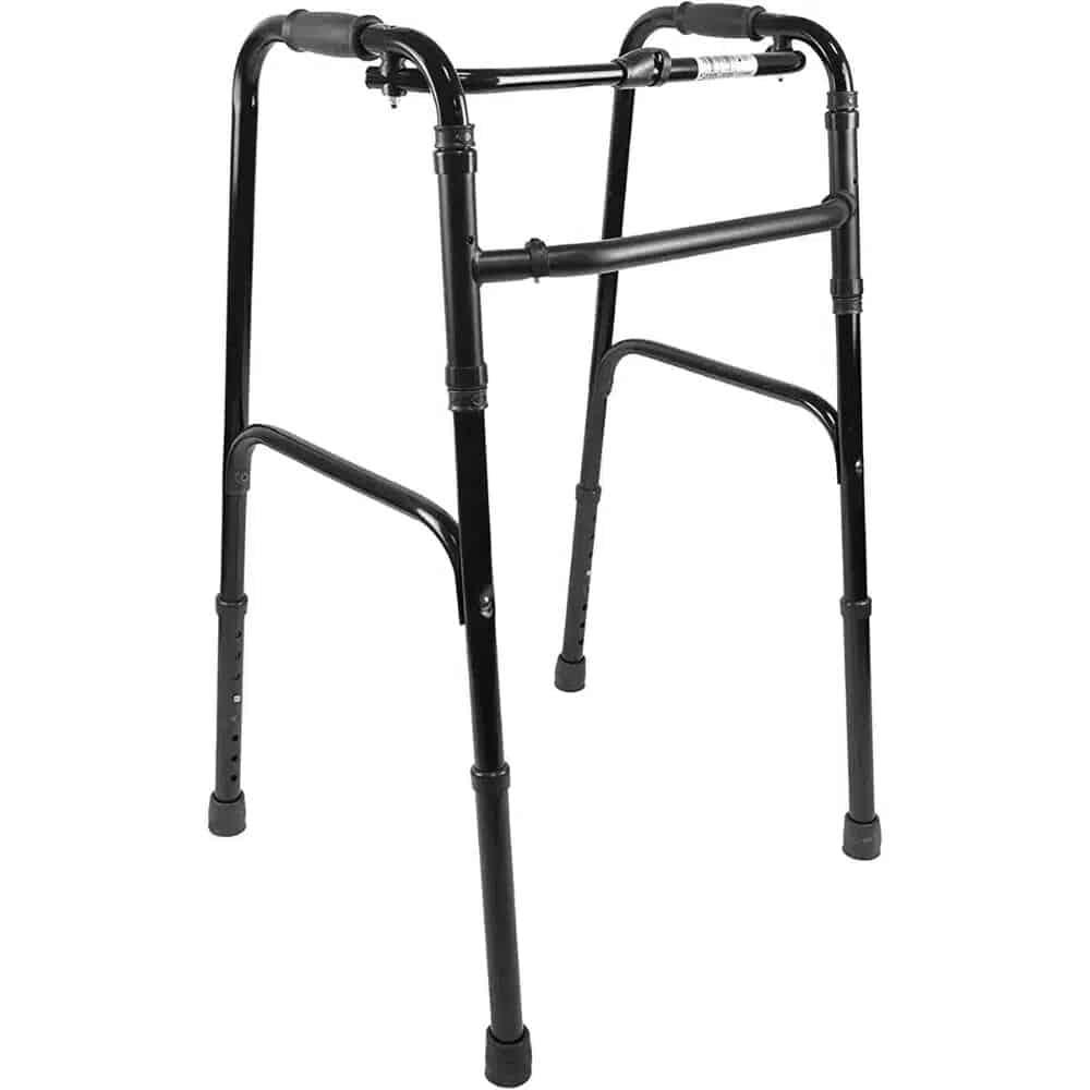 lätt gånghjälpmedel i aluminium, stående från sidan utan hjul, med justerbara fötter och ergonomiska handtag.