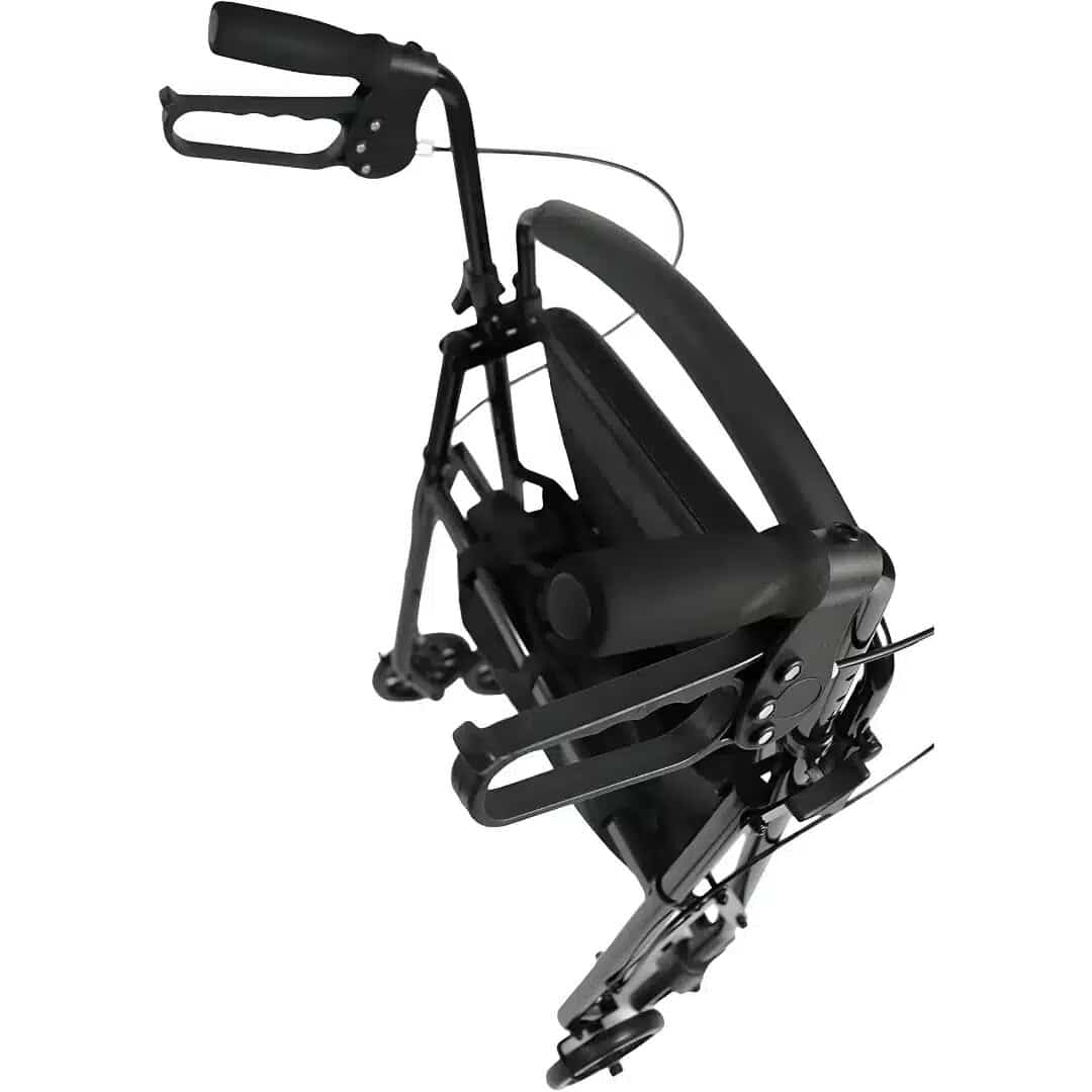Hopfällbar rullator lättvikt Hopfälld hopfällbar rollator med 4 hjul lättvikt i svart aluminium, kompakt för förvaring och transport.