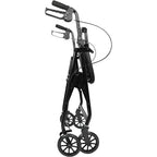 Hopfällbar rullator lättvikt Hopfälld rollator med 4 hjul i svart aluminium sedd från sidan i upprätt förvaringsläge.