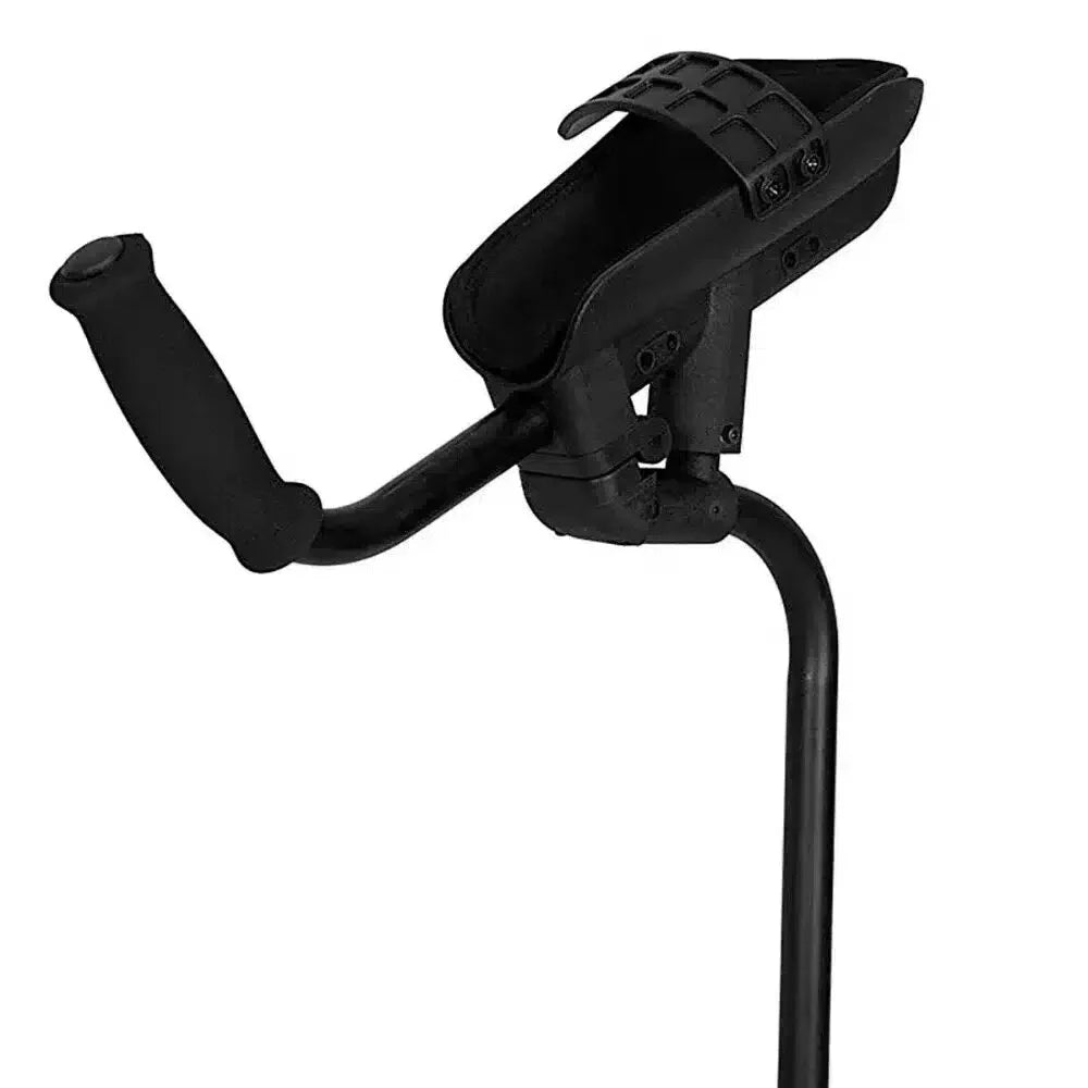 Krycka underarmsstöd vänster Ergonomisk krycka med böjt grepp och underarmsstöd sedd i profil.