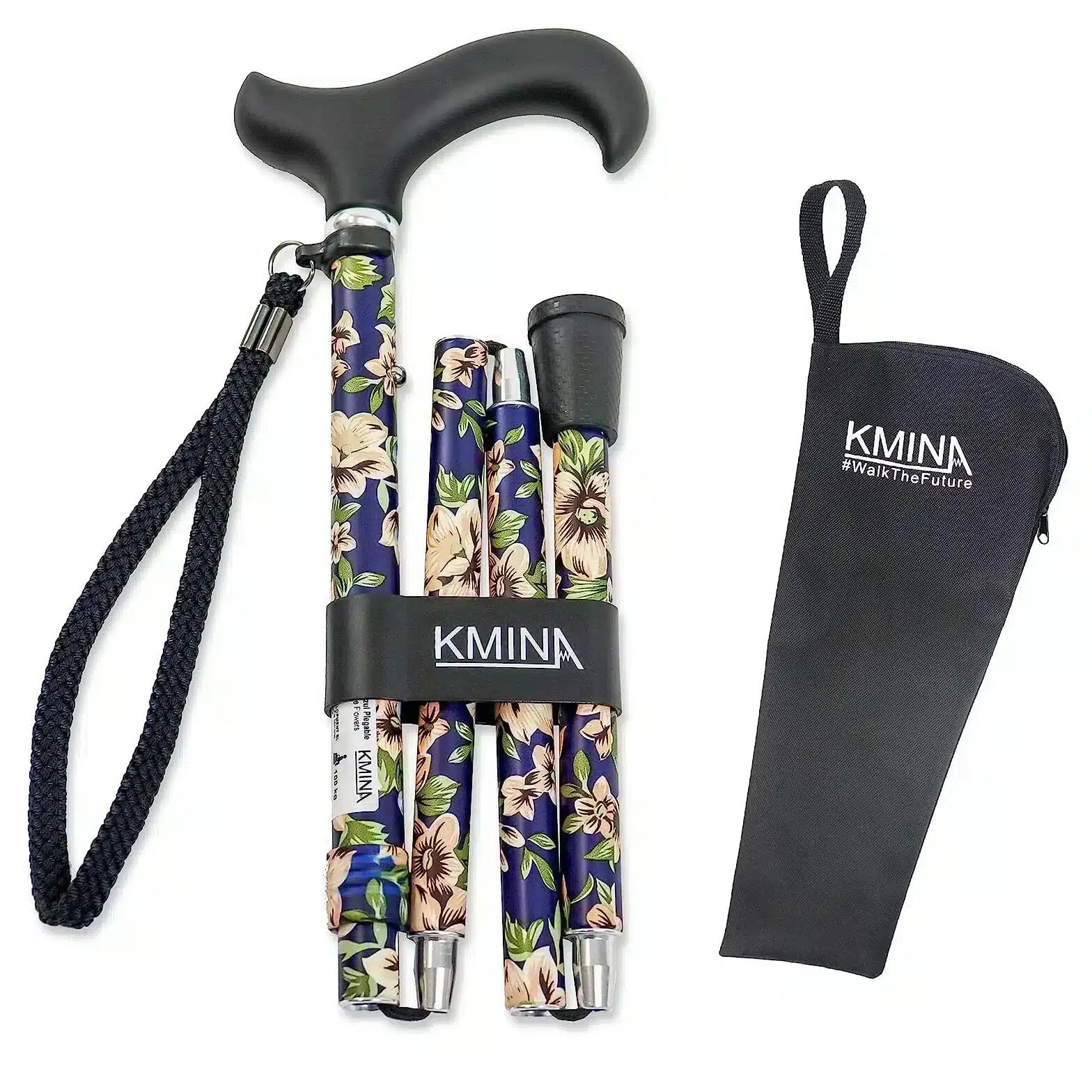 Hopfällbar käpp med blommönster Hopfällbar promenadkäpp med blått blommönster, ergonomiskt handtag och transportfodral