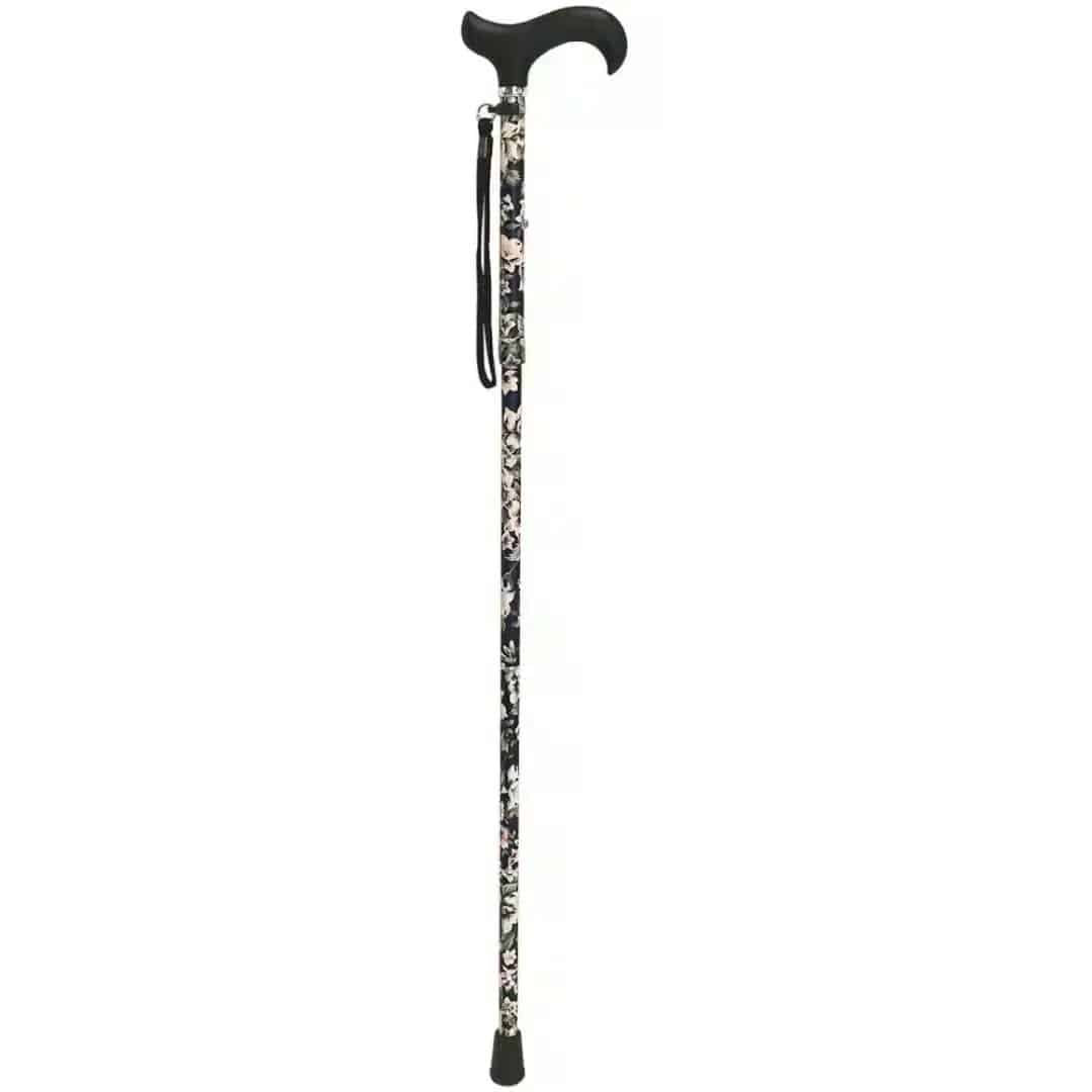 Justerbar käpp blått blommönster Justerbar käpp med blått blommönster. Justerbar promenadkäpp med blommigt svart mönster och ergonomiskt handtag