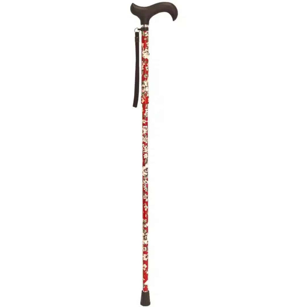 Justerbar käpp med rött blommönster, lätt vikt, teleskopisk höjdjustering och ergonomiskt handtag