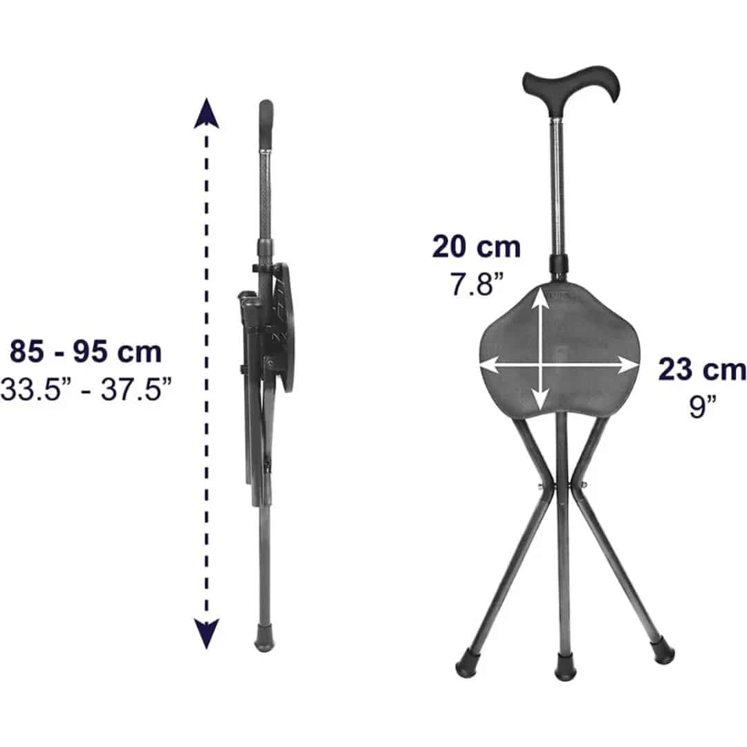 Justerbar käpp med sits i kolfiber Måttbild av käppens höjd, sittyta och total bredd