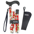 Hopfällbar käpp med blommigt rött mönster a cane with a handle and a case
