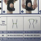 knäskydd med öppen knäskål Instruktioner för påtagning av knäskydd samt storleksguide i centimeter och tum.