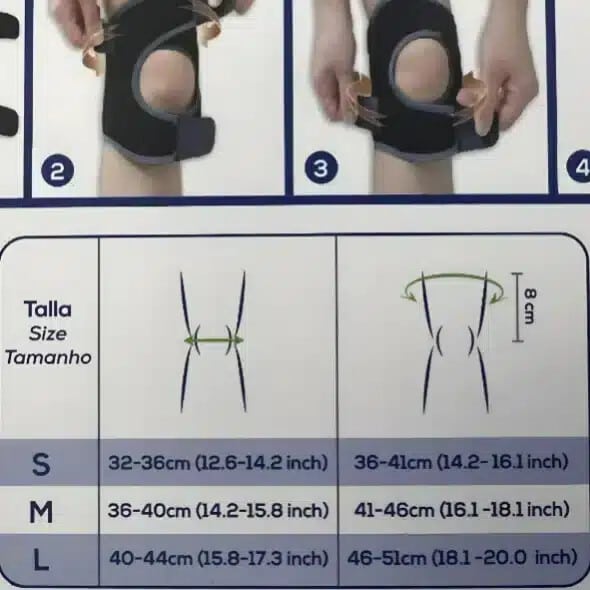 knäskydd med öppen knäskål Instruktioner för påtagning av knäskydd samt storleksguide i centimeter och tum.
