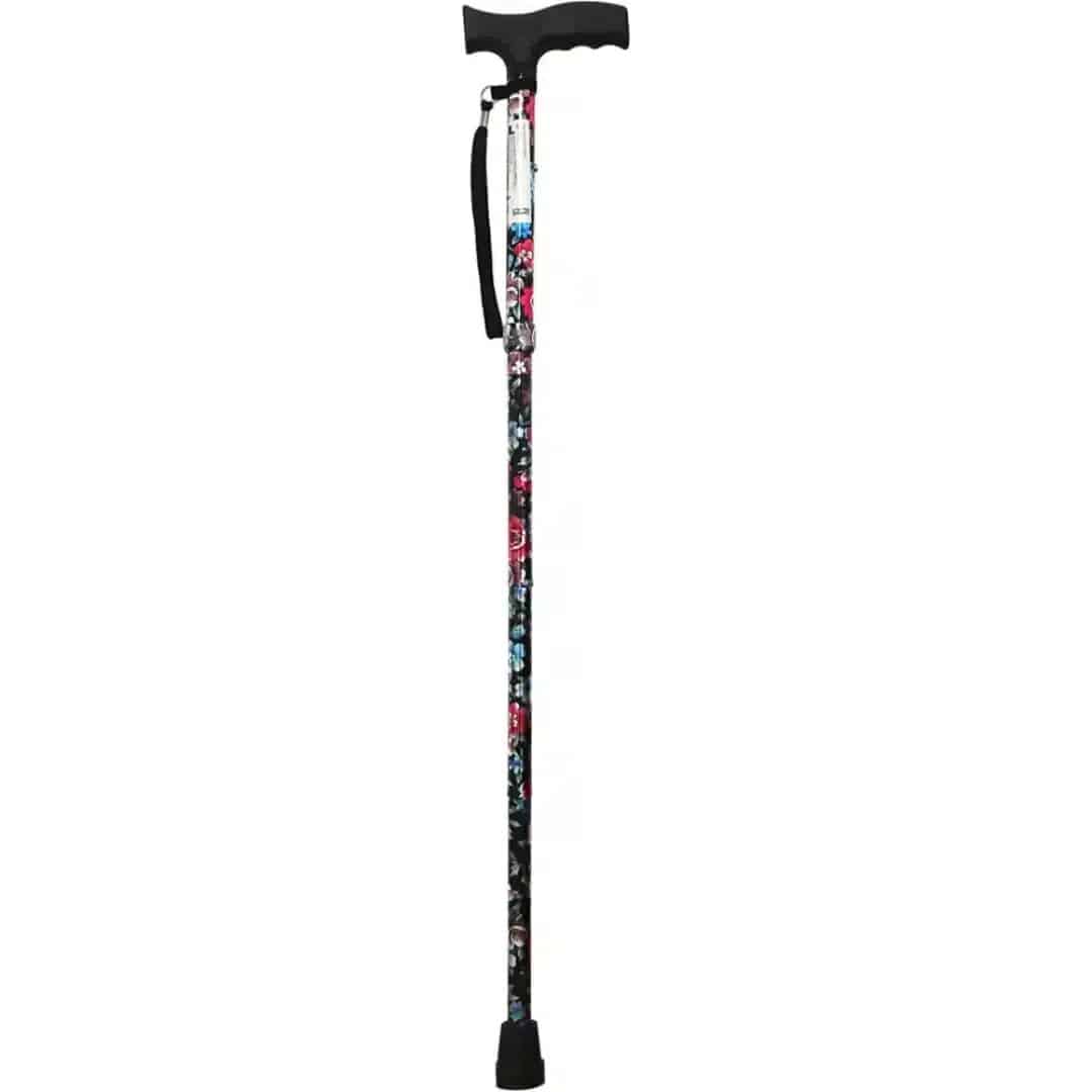 Hopfällbar promenadkäpp blommig Hopfällbar promenadkäpp med blommigt mönster och svart handtag i utfällt läge